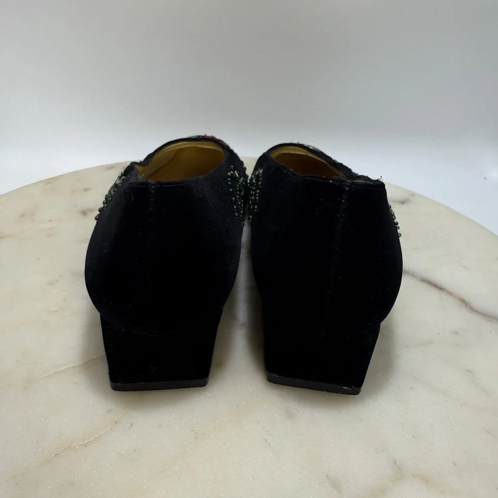 Vintage Y2K New Year 2000 Beaded Velvet Leather Sole Block Pumps Black 6.5M